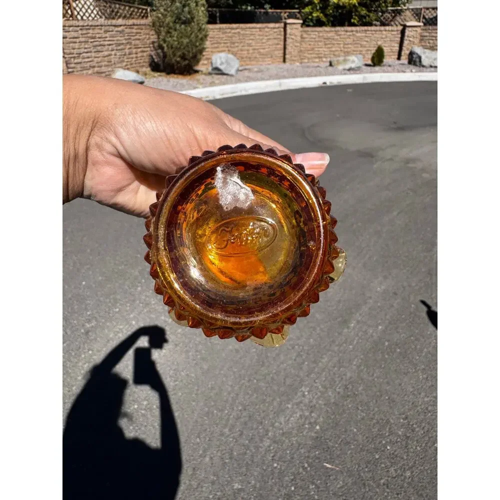 Fenton Art Glass Colonial Amber Hobnail mini vase double crimped ruffled rim 70s